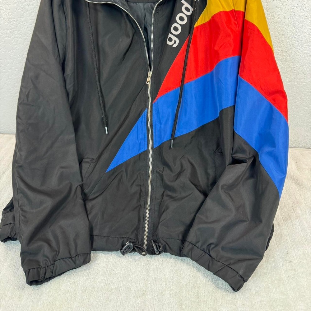 Rue21 Womens Colorblock Windbreaker Hooded Jacket Good Vibes Black Yellow Red M